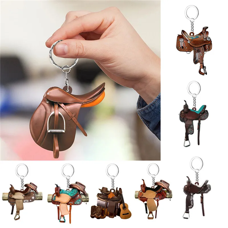 Horse Saddle Keychain Creative Acrylic Car Keychain Ornament Hangings Charm Bag Backpack Pendant Key Chain Ring Cowboys Gifts