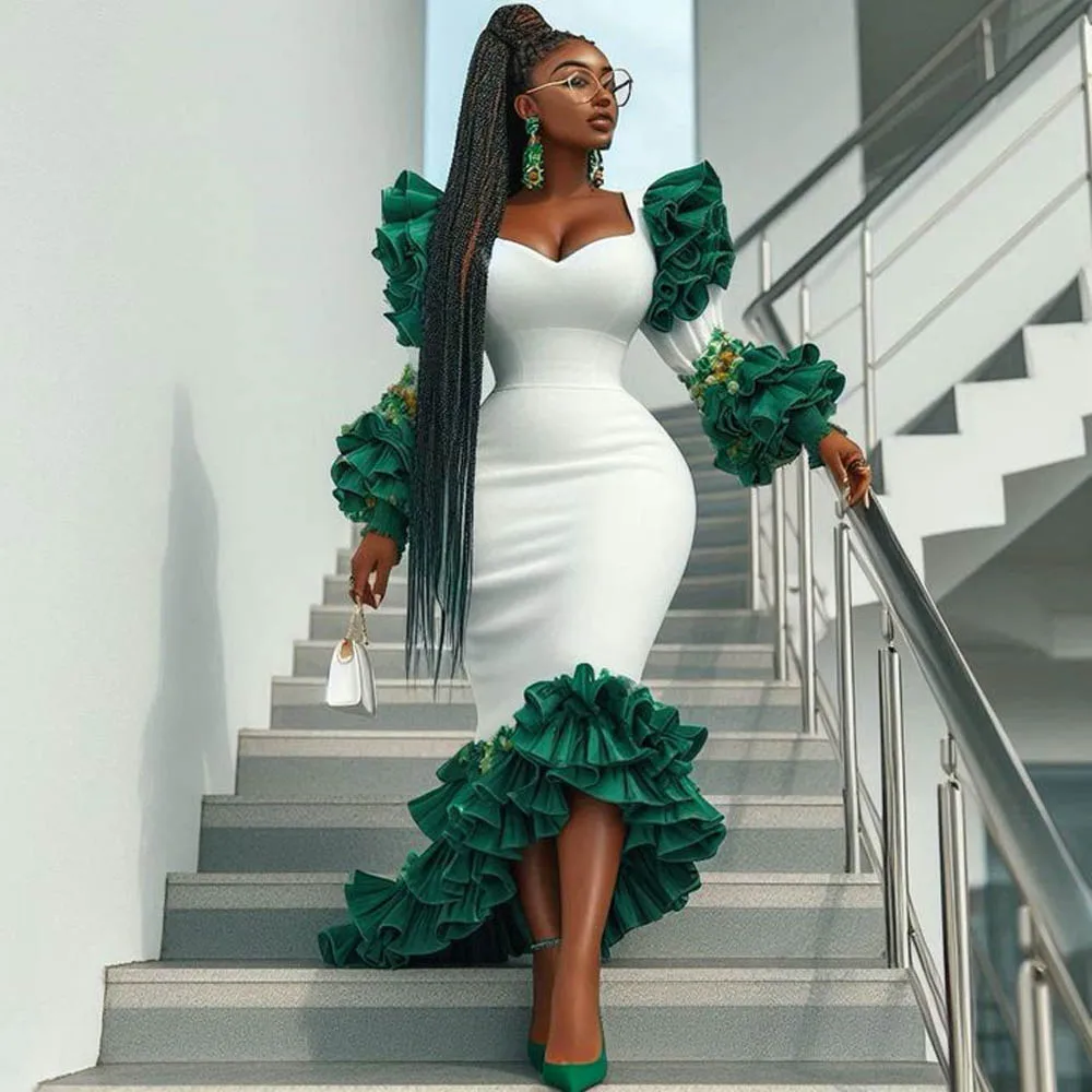 High Low Mermaid Evening Dresses For African Women Ruffles Tiered Aso Ebi Plus Size Prom Dress Custom Made Special Occasion Gown