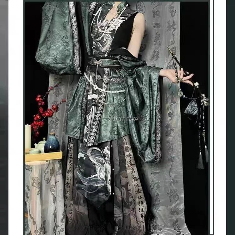 

2025 новый китайский улучшенный национальный модный стиль, брюки династии песен, Cheongsam без рукавов, топ с большими рукавами и принтом, комплект ханьфу