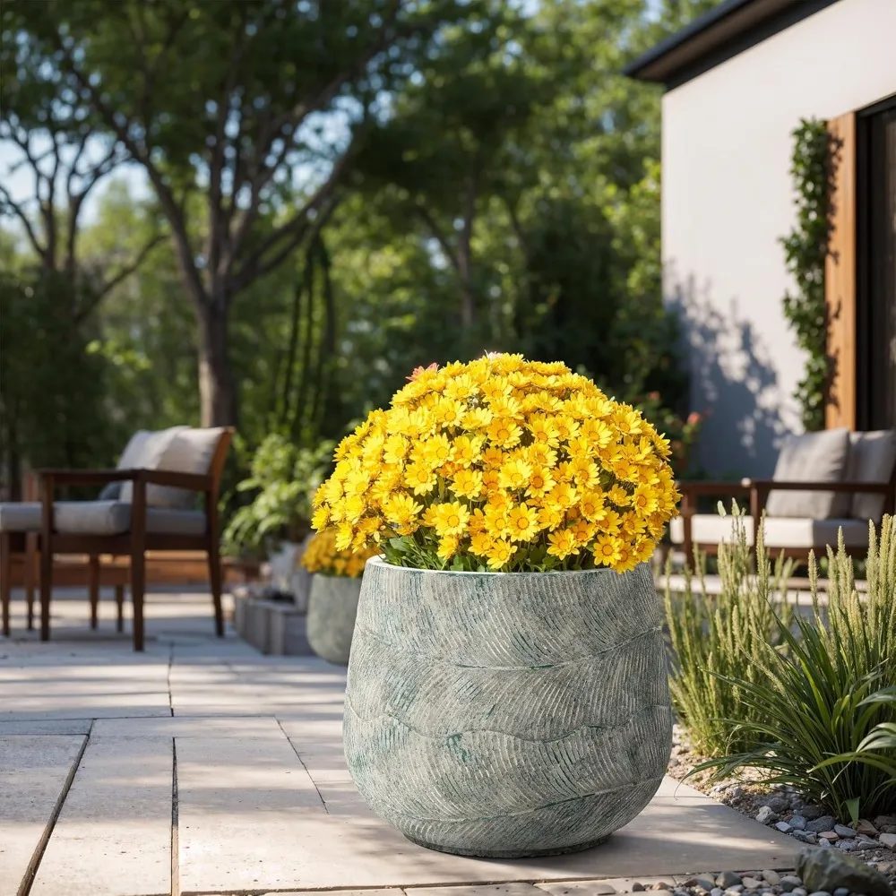 

LuxenHome 18" Dia Round Cement Planter, Rustic Distressed Weathered Plant Pot with Drainage Hole and Rubber Plug, Large Outdoor