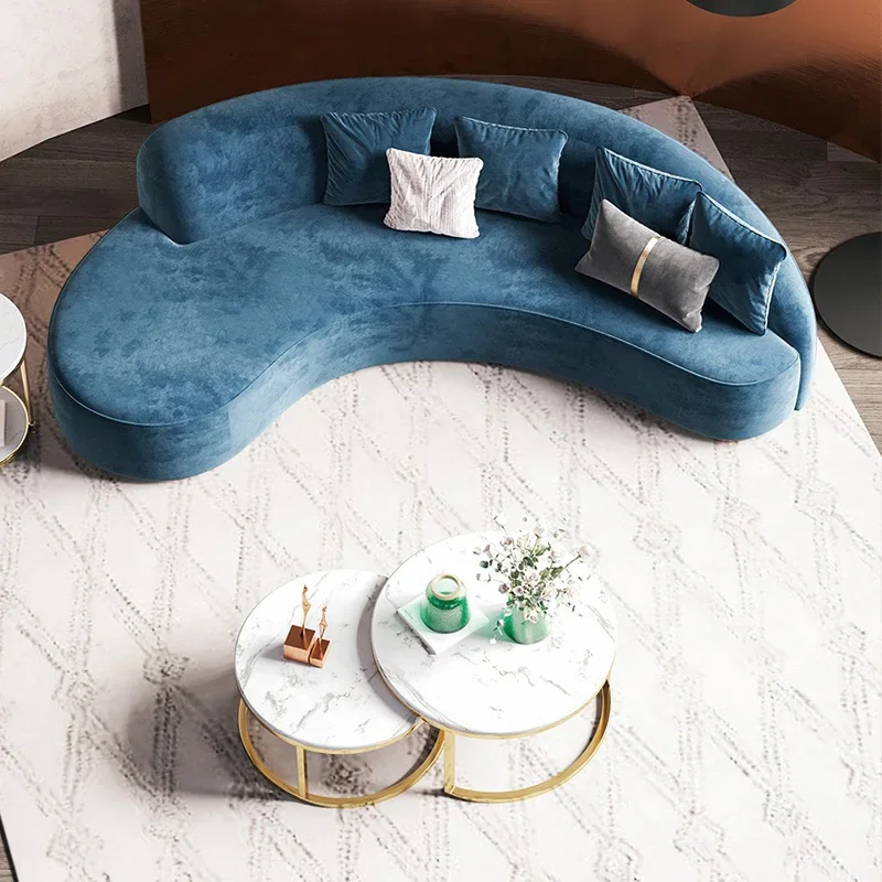 

Creative Arc Shape Hotel Beauty Salon Sofa Luxury Curved Velvet Fabric Sofa Set Living Room Couches With Metal Base