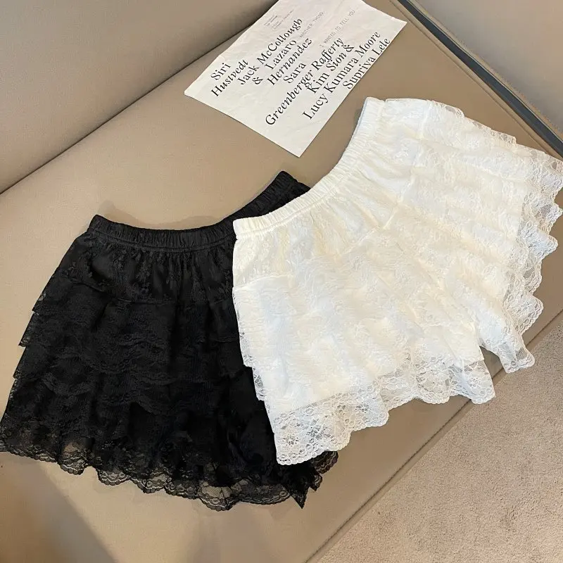 Black White Ruffle Knickers Women Kawaii Pumpkin Panties Layered Lace Bowknot Lolita Safety Shorts Pants Victorian Bloomers