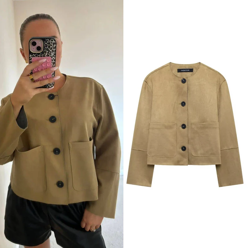 HXAO Crop Suede Jacket Women\'s Jacket Autumn Short Vintage Jacket Ladies Big Pockets O-Neck Long Sleeve Coats New In Outerwears