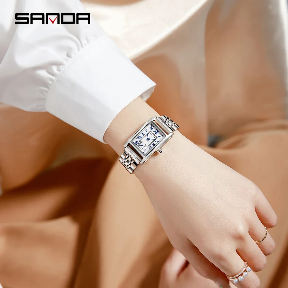 SANDA Brand 1116 Women\'s Quartz Watch Square Steel Band Quartz Watch Roman Digital Waterproof Quartz Women\'s Belt Watches