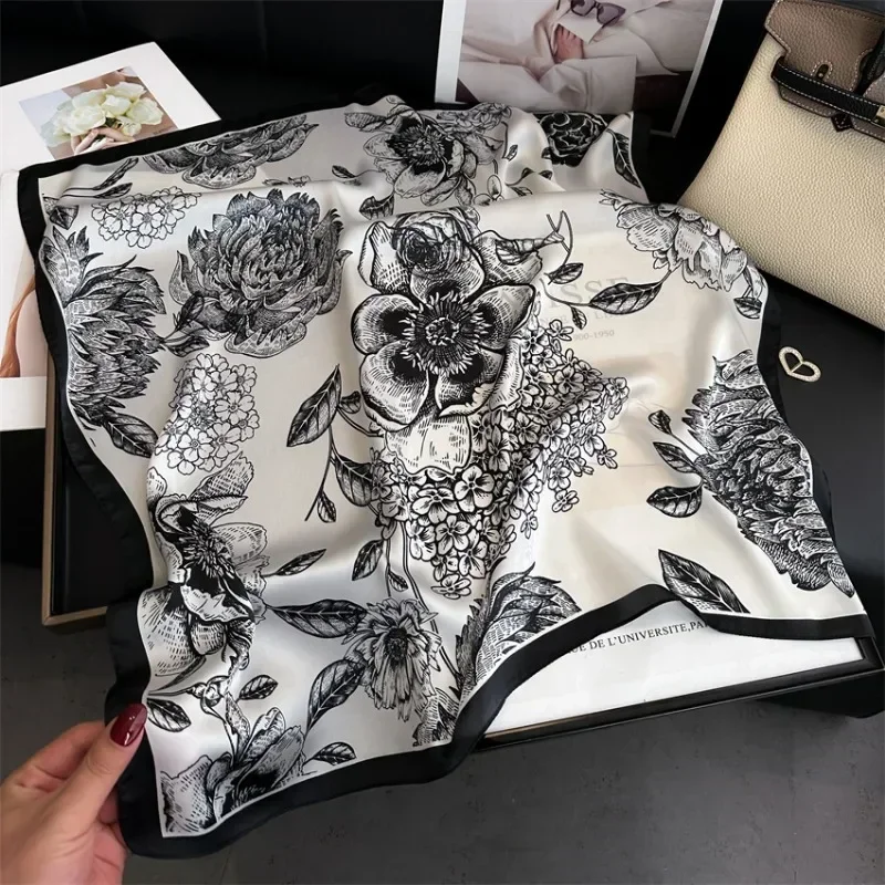 

Fashionable Floral Scarf for Woman 70*70cm Elegant Flower Wrap Summer Outdoor Sun Protection Silk Scarves