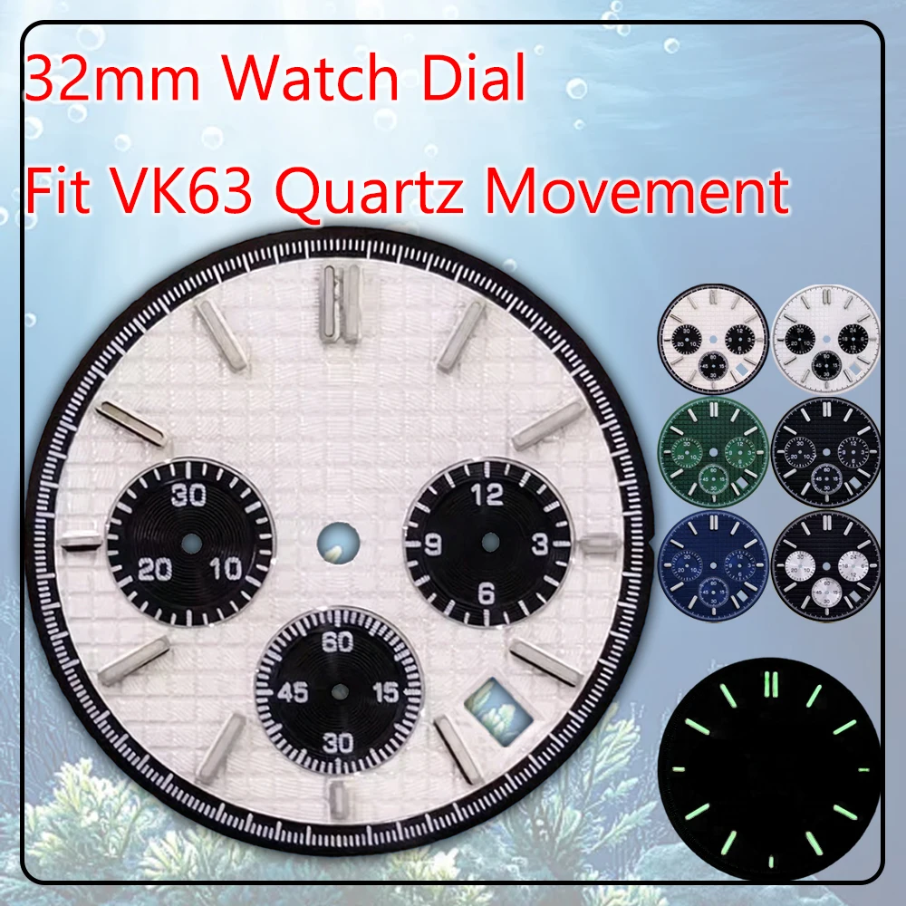 32mm No Logo Panda Eye Style Chronograph Watch Dial Fit VK63 Quartz Movement C3 Green Luminous Mod DIY Replacement Accessories
