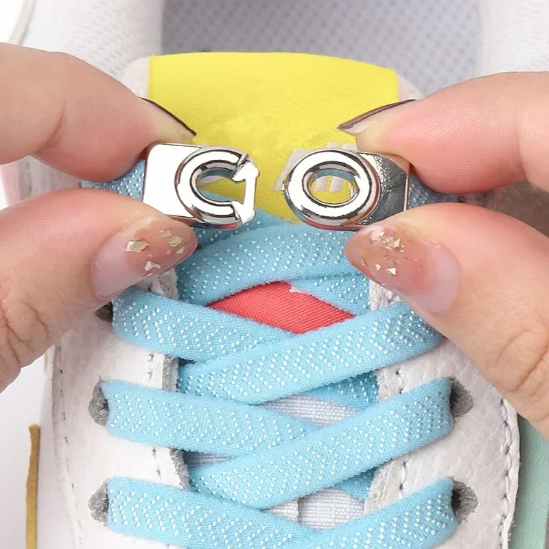 

New No Tie Shoe Laces Metal Buckle Lock Shoelaces Without Ties Elastic Laces Sneakers Kids Adult Flat Shoelace for Rubber Bands