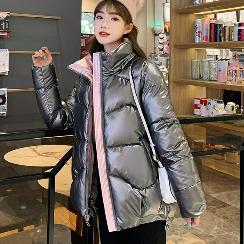 

2023 New Women Cotton Coat Winter Jacket Female Thick Parkas Loose Stand Collar Outwear Short Bright Surface Overcoat