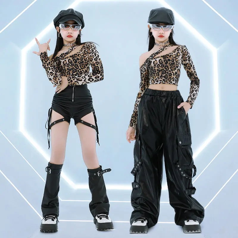 Ropa de baile de salón para niños, camiseta de leopardo para niñas, traje de baile con parte inferior de cuero, uniforme de Hip Hop a la moda