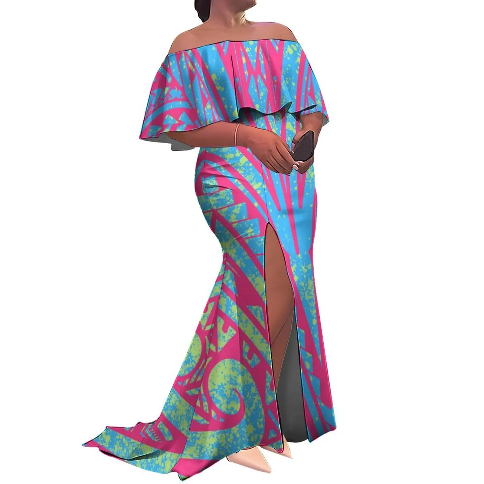 Fabrieksgroothandel op maat Hawaii dames fishtail-jurk en Nieuw-Zeelandse jurken Ruffle off-the-shoulder split zeemeermin maxi-jurk