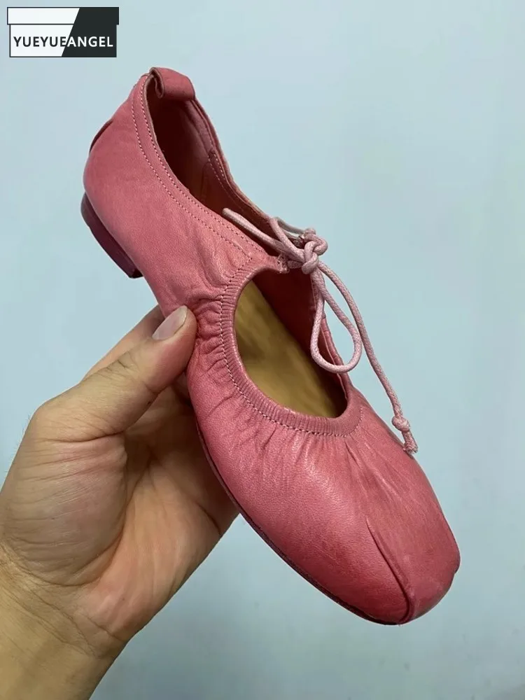 Designer Women Vintage Lace Up Ballet Flats Elegant Ladies Horsehide Genuine Leather SHoes Low Cut Round Toe Comfortable Flats