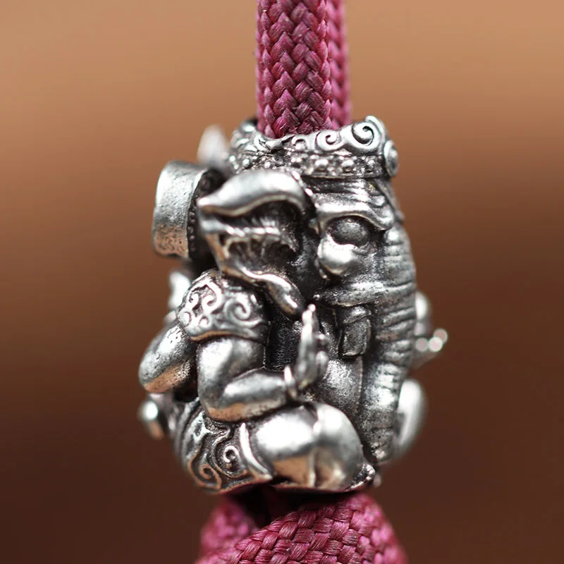 Thailand Sitting Elephant God of Wealth Brass Knife Bead EDC Outdoor DIY Woven Paracord Lanyard Charms Pendant Accessories Retro