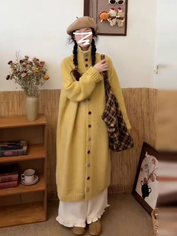 

Korean Sle Mid-Length Knitted Sweater Coat Women's Autumn Winter New High-End Single-Button Closure Lazy Sle Top