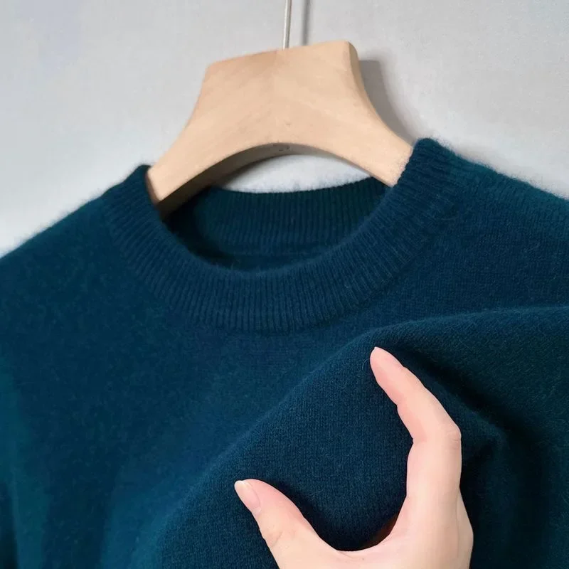 High Quality Woolen Sweater Men's 100% Pure Wool Thickened Warm Semi-turtleneck Round Neck Winter Knit Base Pullover Men's Top