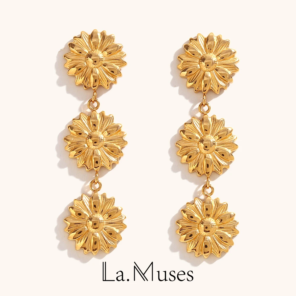 La. Muses-pendientes elegantes chapados en oro de 18K para mujer, aretes de tres gotas de girasol, joyería Wteel sin agua Premium, tendencia 2024