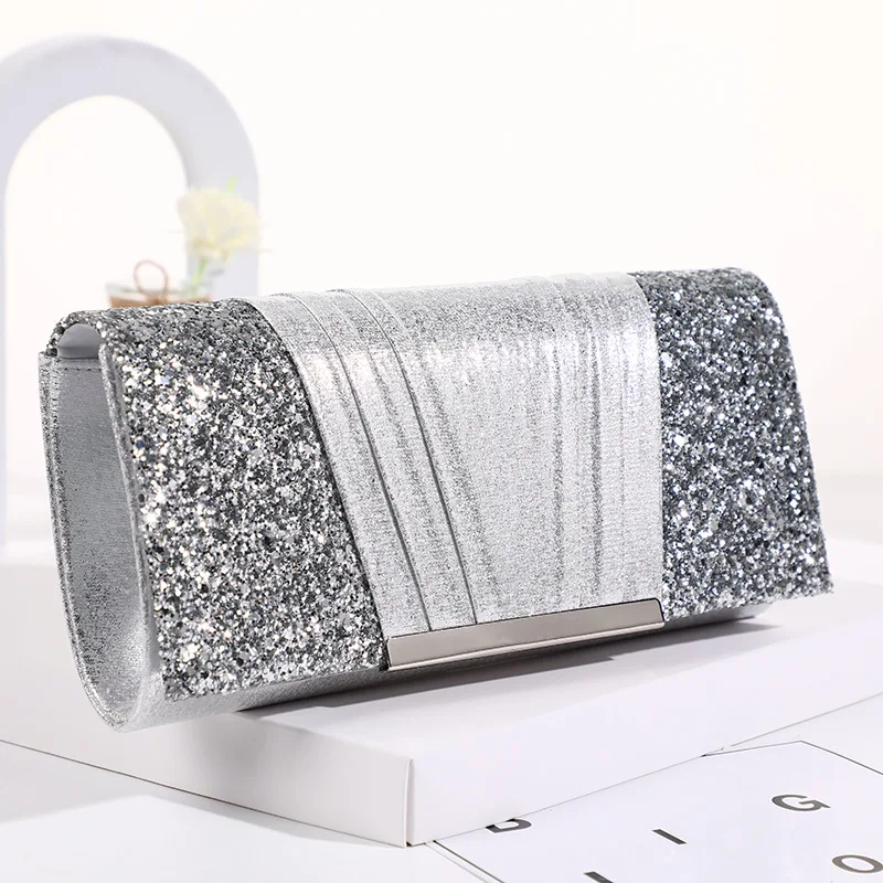 New European and American Shiny Dinner Bag Fashion Splicing Evening Dress Bag Metal Chain Shoulder Bag Bridesmaid Storage Bag