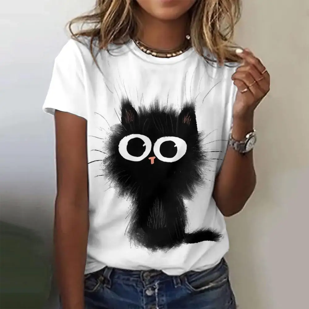 Kawaii Cat Print Women's T-Shirt Teen Funny Graphic Streetwear Classic Y2k Clothes Summer Fashion O-Neck Short Sleeve T-Shirt