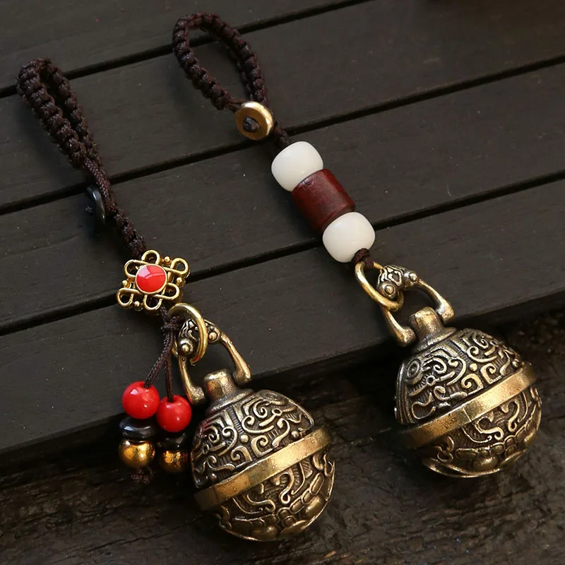 Brass Retro Five Emperors Money key holder Pixiu Bell Hollow Lanyard car Keychain Gourd Pendant Feng Shui Good Luck Key Ring