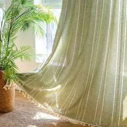 Sage Green Boho Farmhouse Curtains for Bedroom Living Room Country Spring Cute Textured Window Curtain 1 Panels Tassel Draperies