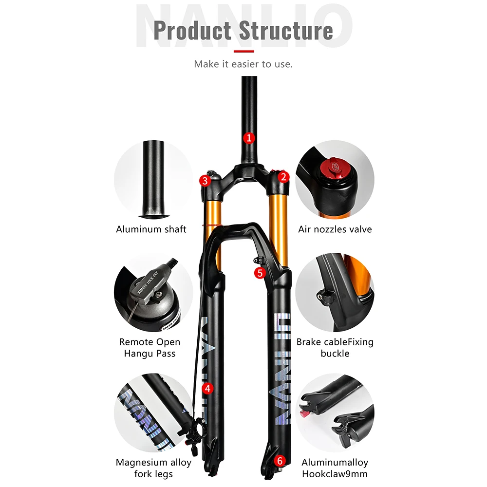 NanLio Mountain Bike Suspension Fork X7 PRO Damping Rebound Adjustment 26in 27.5in 29in 120/140mm Travel Metal Bushings Air Fork