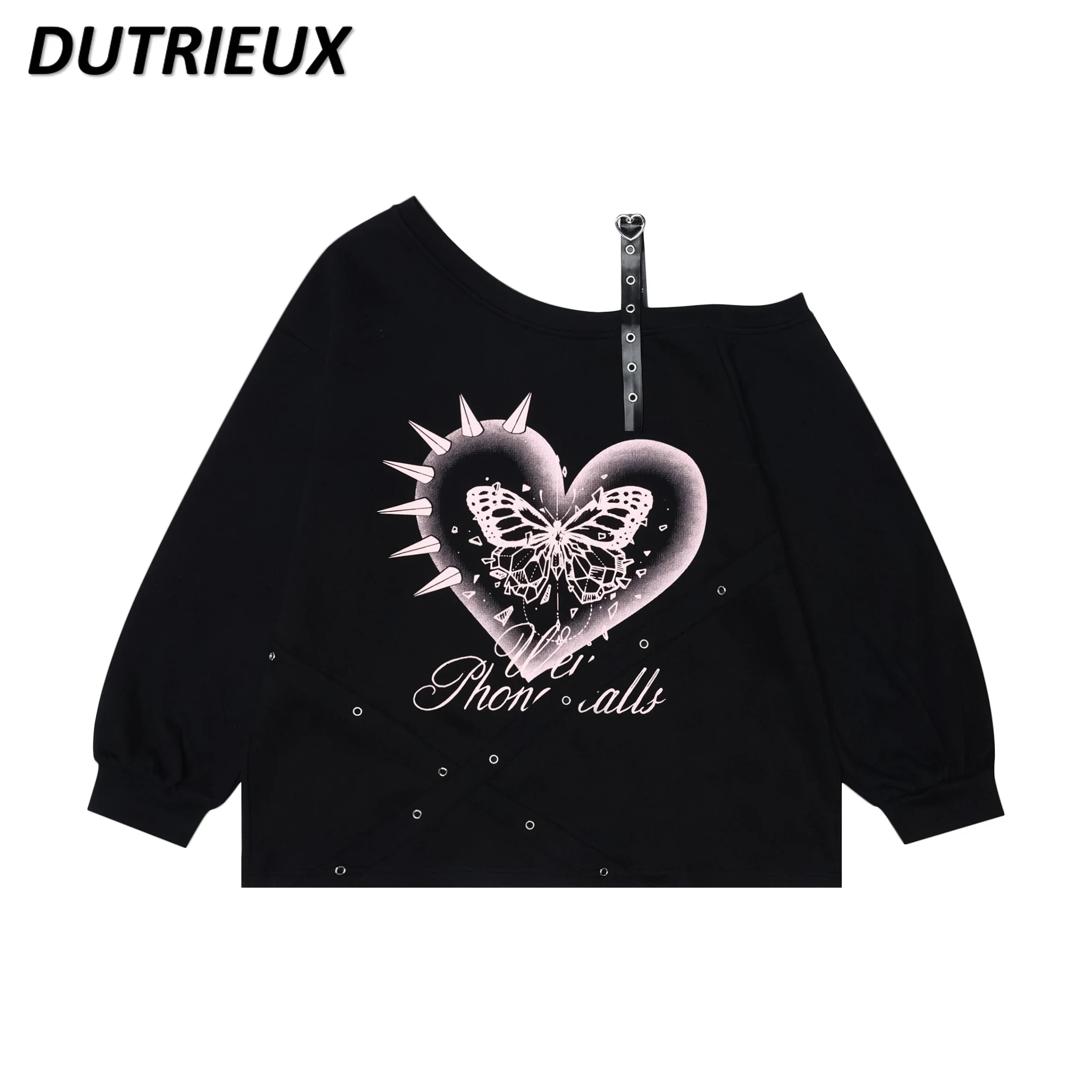 Sweet Love Printed Leather Buckle Off-shoulder Sweatshirt Women's Spring Autumn Loose and Thin Niche Unique Chic Pullover