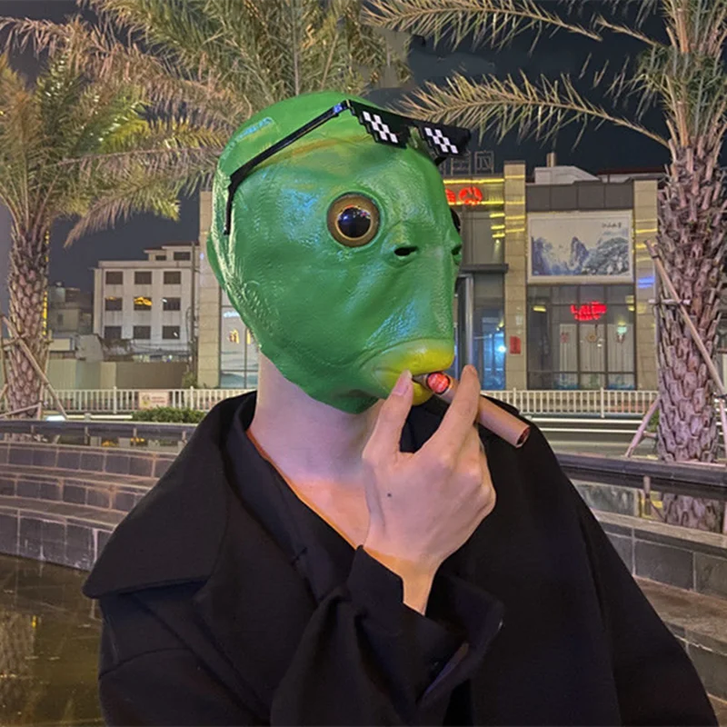 Adult Funny Ugly Green Fish Mask Latex Cosplay Party Halloween Alien Headwear Party Horror Spoof Supplies