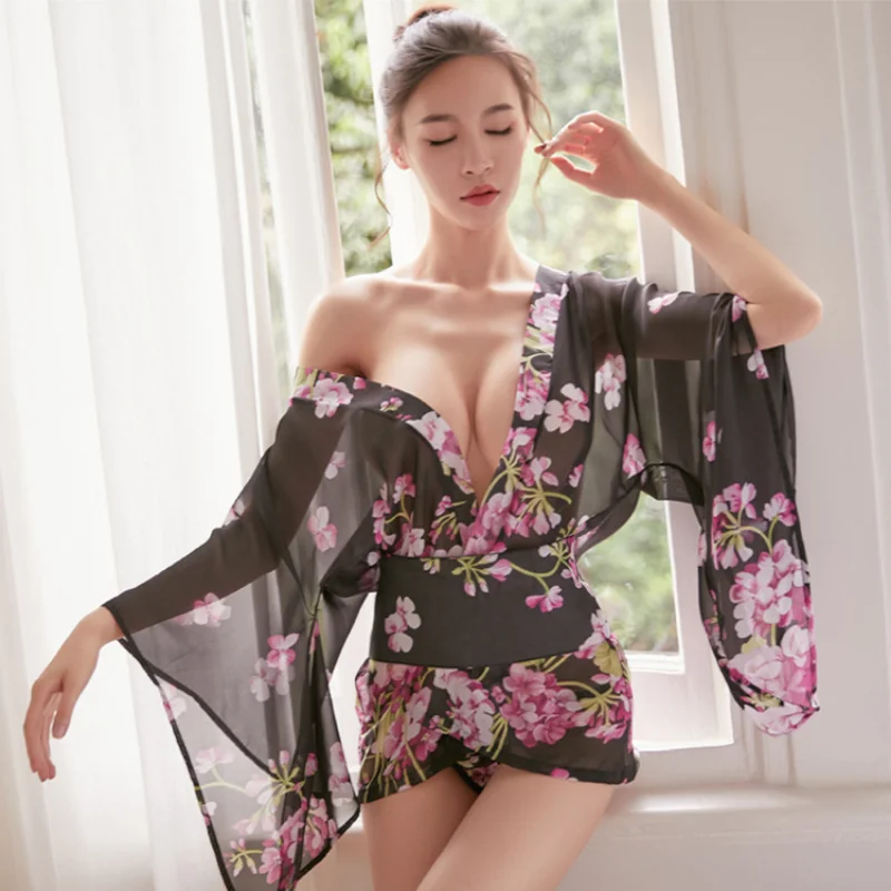 Japanese mesh perspective printed kimono chiffon new uniform seductive and sexy set