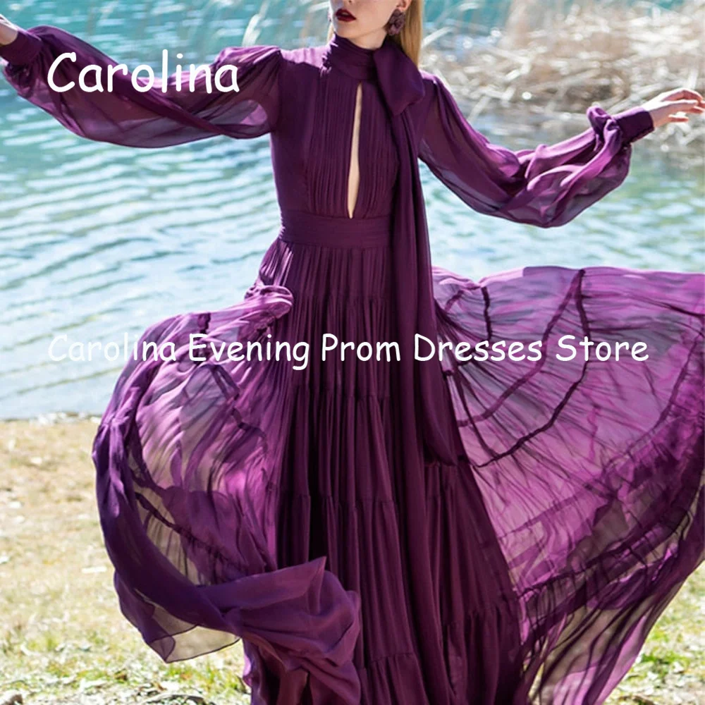 Carolina Chiffon A-line O-neck Bow Arab Ruffle Prom Gown Floor Length Saudi Evening Formal Elegant Party Dress for Women 2023