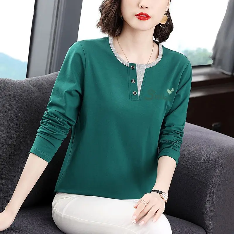 

Oversized Autumn Winter Casual Fashion Printing O-neck Long Sleeve T-Shirts Ladies All-match Patchwork Fake Two Pieces Top Tee