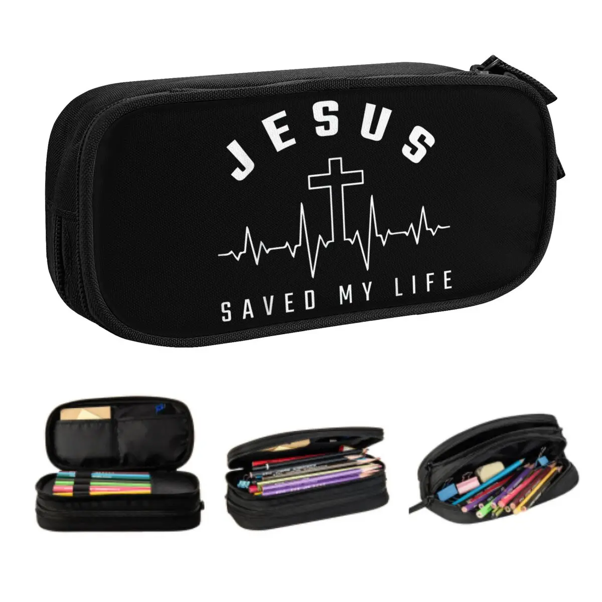 Custom Jesus Saved My Life Kawaii Pencil Cases Boy Girl Large Capacity Christian Religious Faith Pencil Box School Supplies