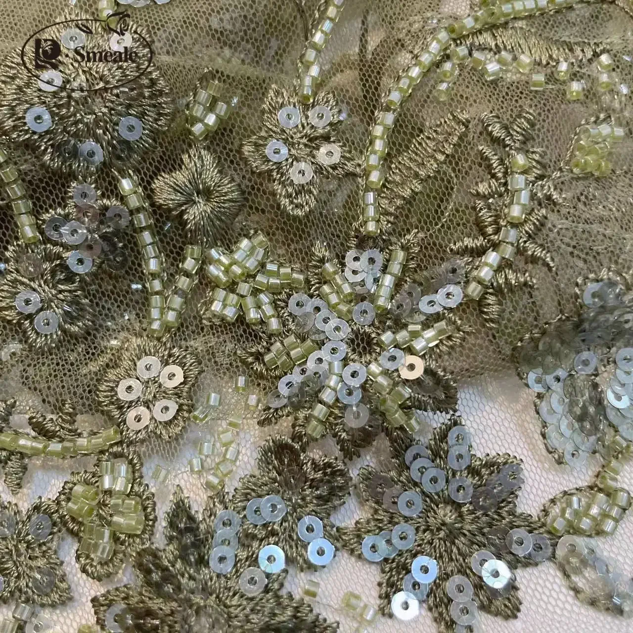 Lace Fabric for DIY Sewing, Elegant Flowers Lace, Wedding Dress Material, Sequin, Beaded 3D, Army Green, New RS24439