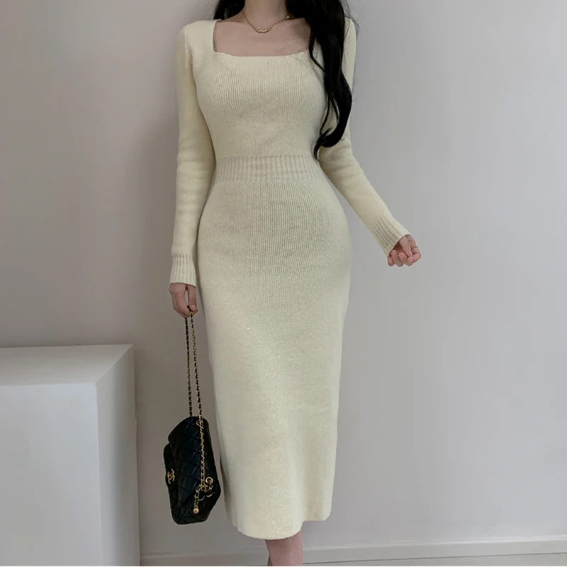 Vestido bodycon de malha para mulheres, elegante colarinho quadrado, vestido vintage fino OL Midi, nova moda feminina, outono, 2022