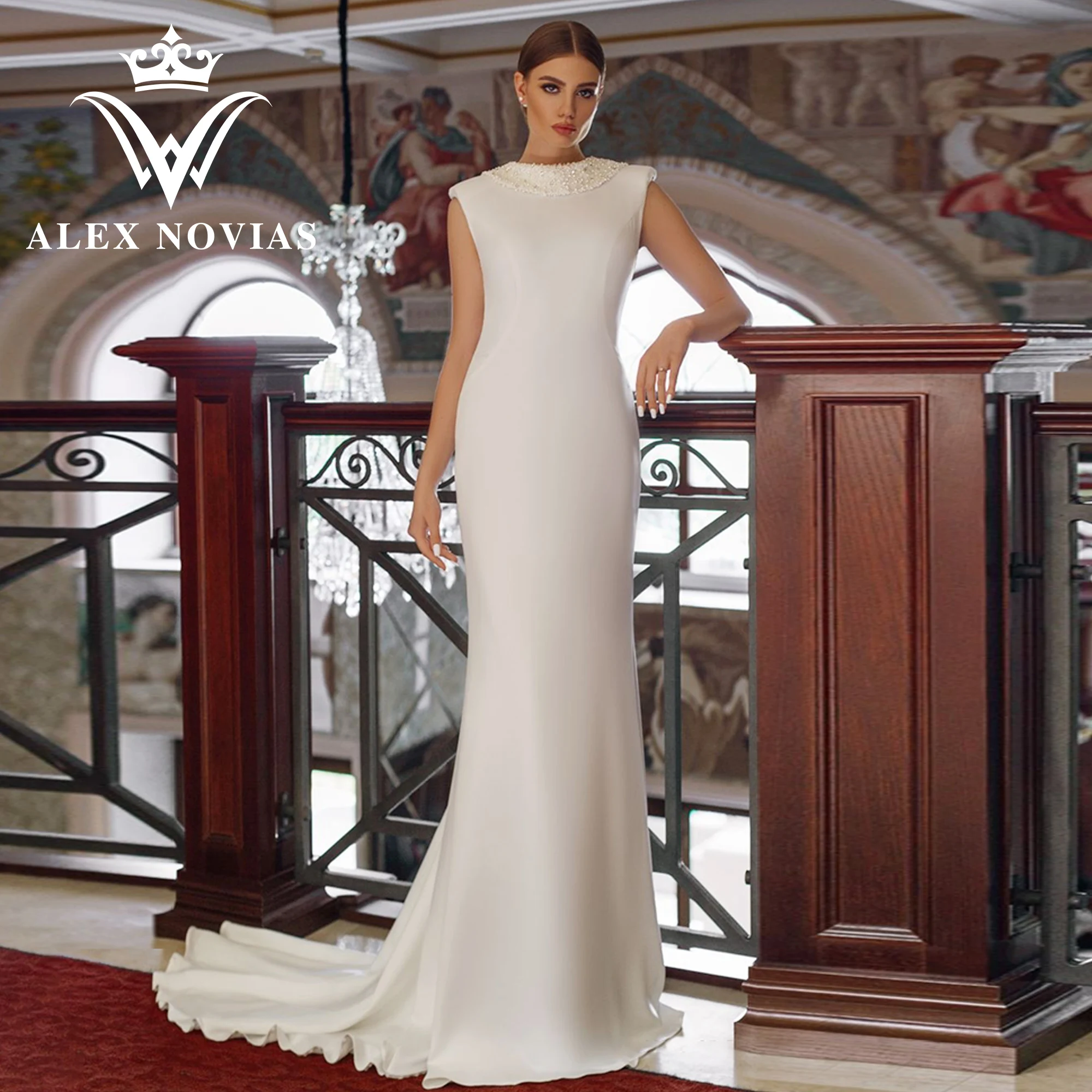 

ALEX NOVIAS Satin Mermaid Wedding Dress 2023 Classy SCOOP Sleeveless Beading Cut-out Wedding Gown Chic Vestidos Novias De Saten