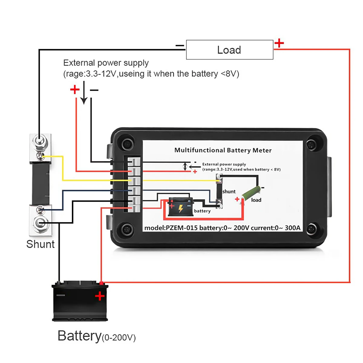 PZEM015 Digital DC 0-200V Voltage Current with 300A Shunt Car Battery Tester Voltage Meter Monitor 12V 24V 48V