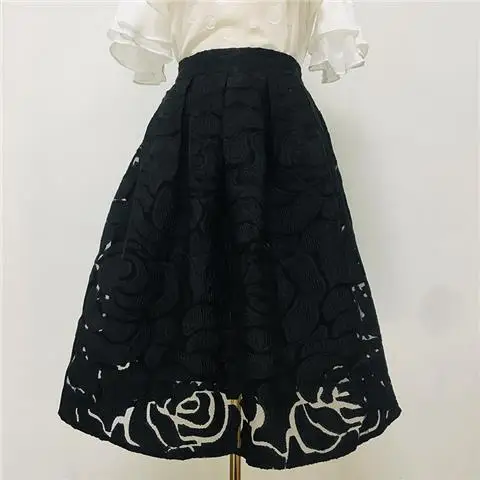 Organza Skirt Puffy Skirt Summer Style Slim Mid-length Mesh Hollow Embroidered Pure Black Pleated Umbrella Skirt