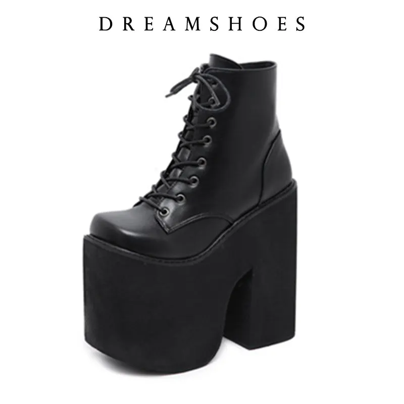 

2025 Women's Y2K Style Short Boots Square Closed Toe Lace Up Platform Boots High Chunky Heels Fashion Solid Color Shoes