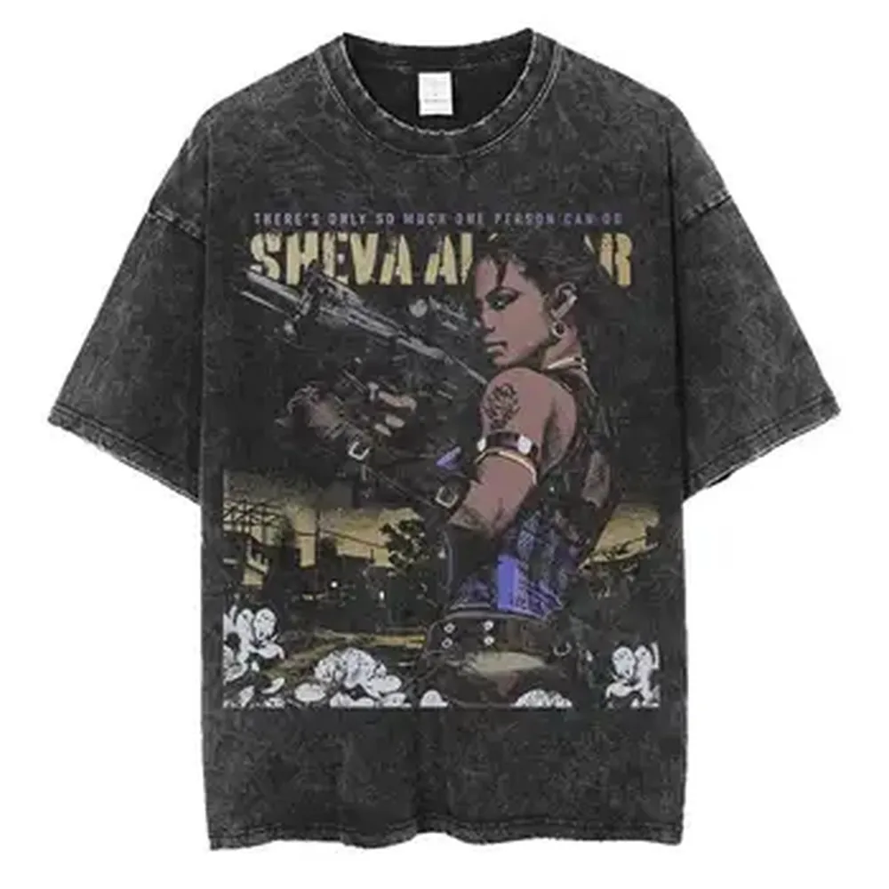 Oversized T shirt Resident Evil Sheva Alomar BIOHAZARD 100% Cotton Vintage Washed T-shirt for men women hiphop streetwear