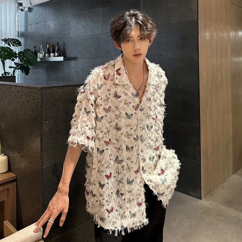 WVGA Summer New Man Tide Streetwear Tassel Butterfly Trendy Design Turn-Down Collar Shirt Niche Chic Casual Short Top Ins W21229