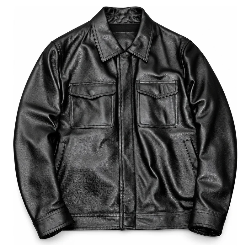 Men PU Leather Jacket Cowhide Texture Lapel Collar Short Padded Coat Plus Size Fall Winter Outerwear
