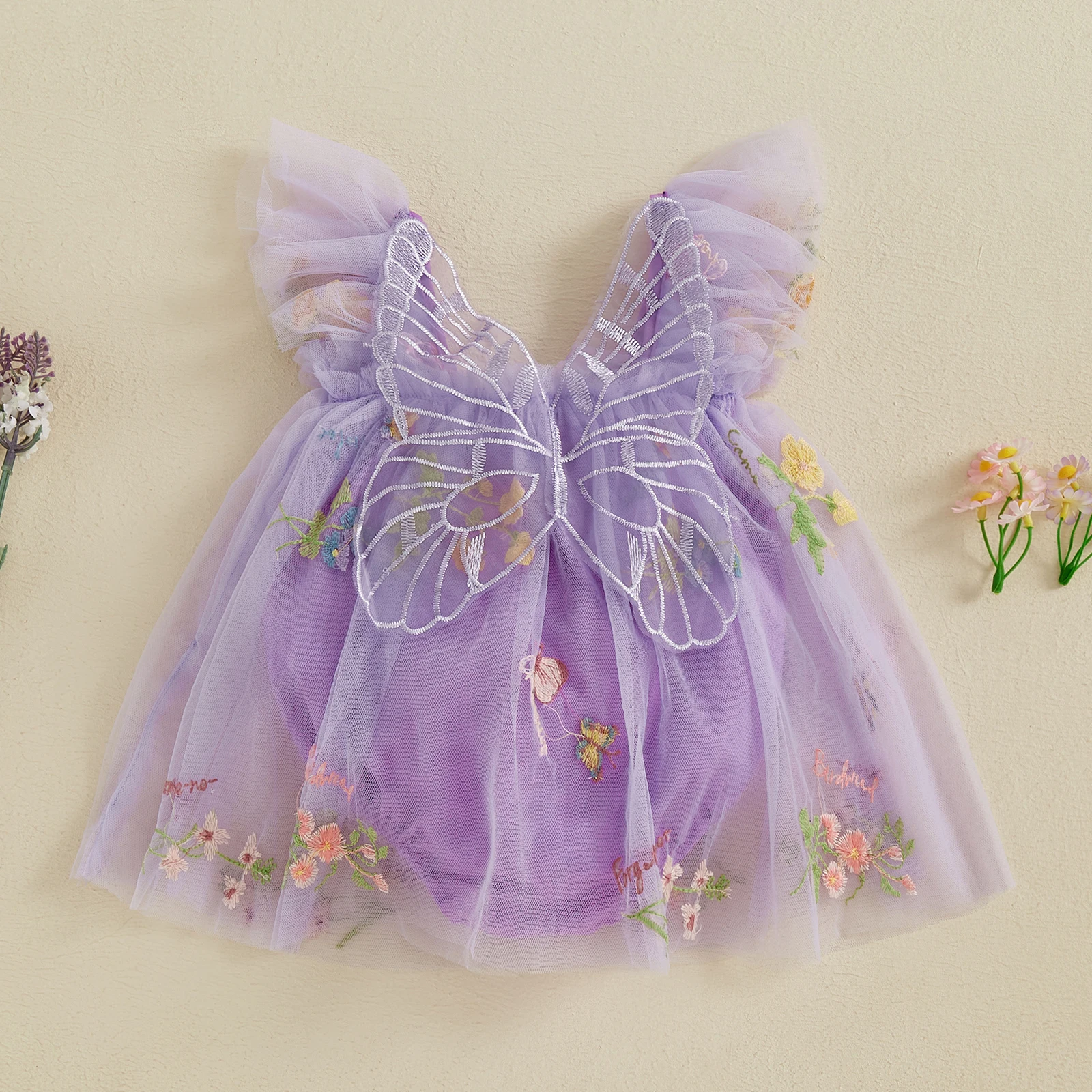 2026 Cute Baby Girls Romper Dress Mesh Flower Butterfly Embroidery Sleeveless Square Neck Adorable Jumpsuit