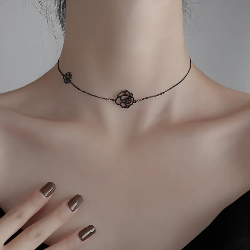 Uini-Tail 2026 new listing 925 sterling silver black rose flower necklace fashion temperament simple sexy short necklace  XL016