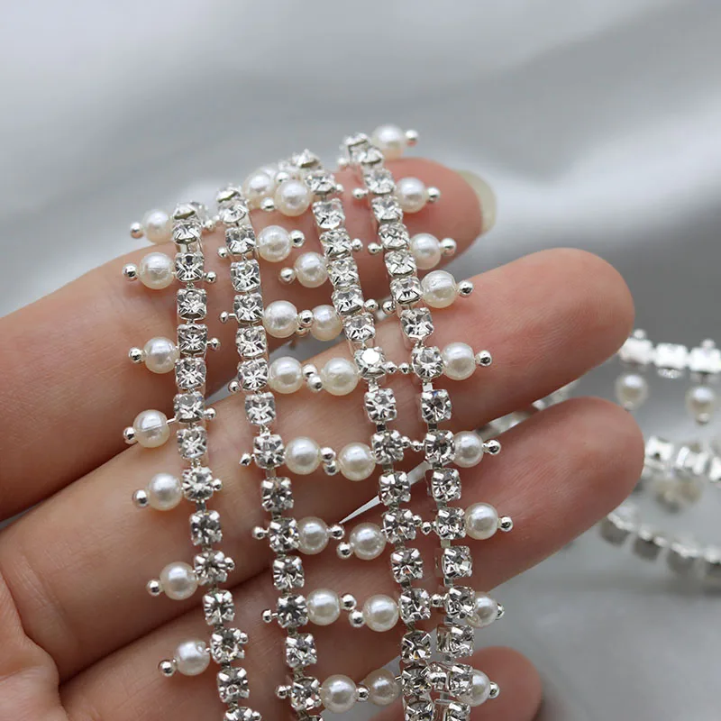 1 yard Pearl Tassel Rhinestone wykończenie z siatki szyć na kubek z kryształem górskim łańcuch dla DIY odzież worki na buty dekoracji