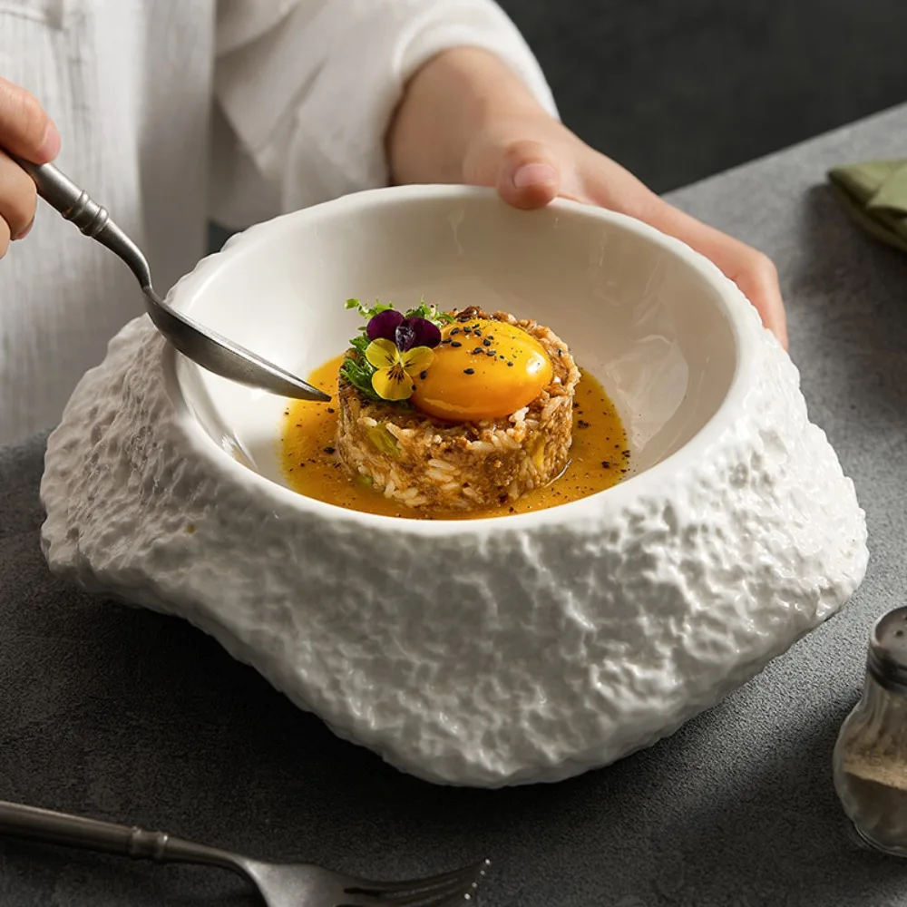 Rock-patterned Four-legged Double-deck Dish Ceramic Special-shaped Salad Plate Restaurant Molecular Cooking Ceramic Tableware