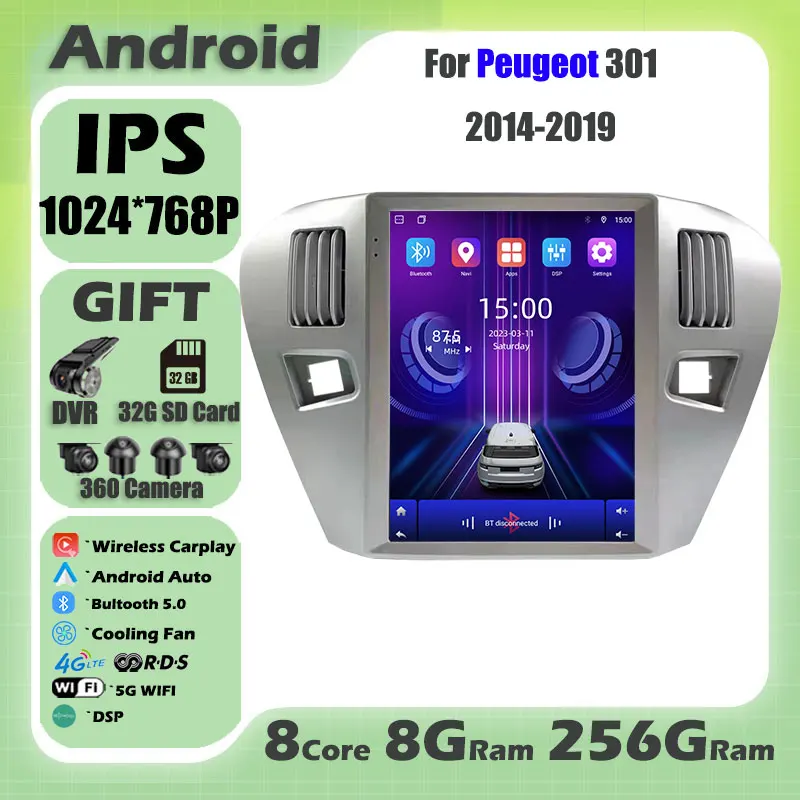 IPS 1024*768P For Peugeot 301 2014-2019 Android 14 Car Radio Multimedia Video Player Navigaion Head Unit Stereo 2Din Audio