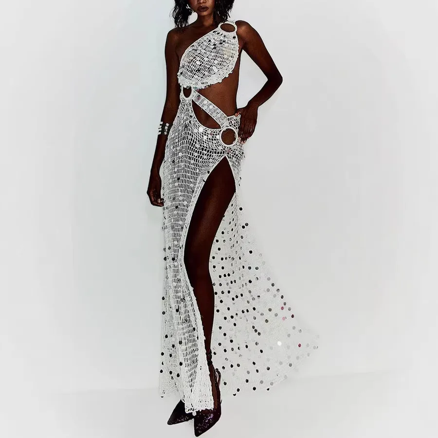 

Sexy Sequin One-Shoulder Maxi Dress Women Single Loose High Slit Design Slim Fit Dress Fashion Holiday Chic Beach Vestido
