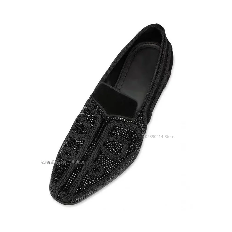 Embroidered Small Crystal Decor Men Loafers Formal High Quality Slip On Flat Men Shoes Summer Fashionable Concise Office Shoes