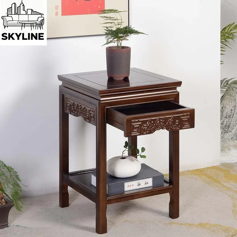 Chinese Simple Solid Wood Edge Square Side Table, Mini Coffee Corner Table for Living Room Sofa Balcony