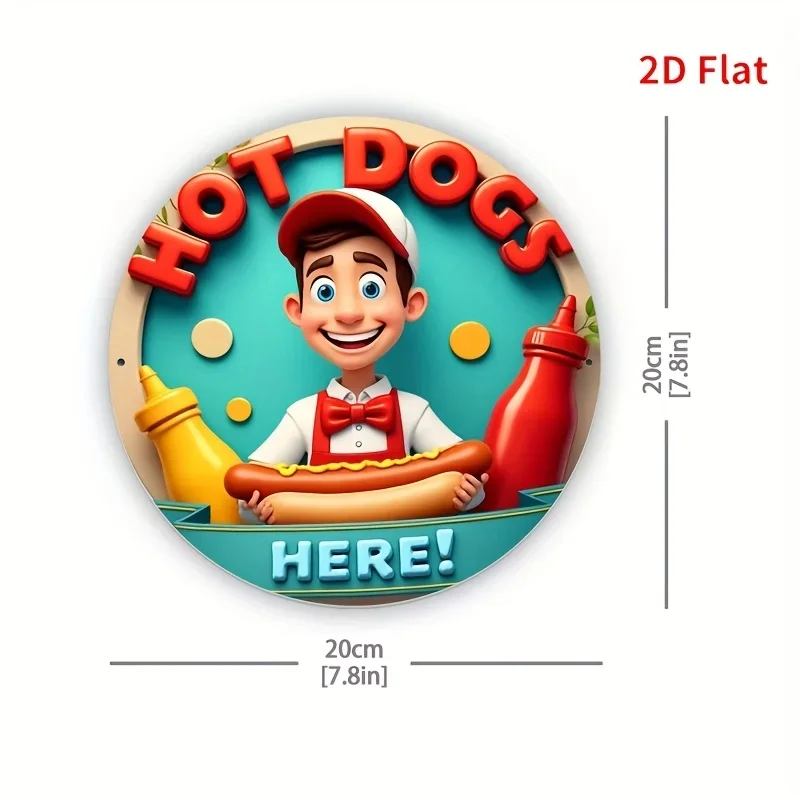 1pc 2D Flat Round Metal Tin Sign 20x20 Inch Hot Dogs Here Cartoon Vendor Print Wall Plaque Cafe Food Shop Decor