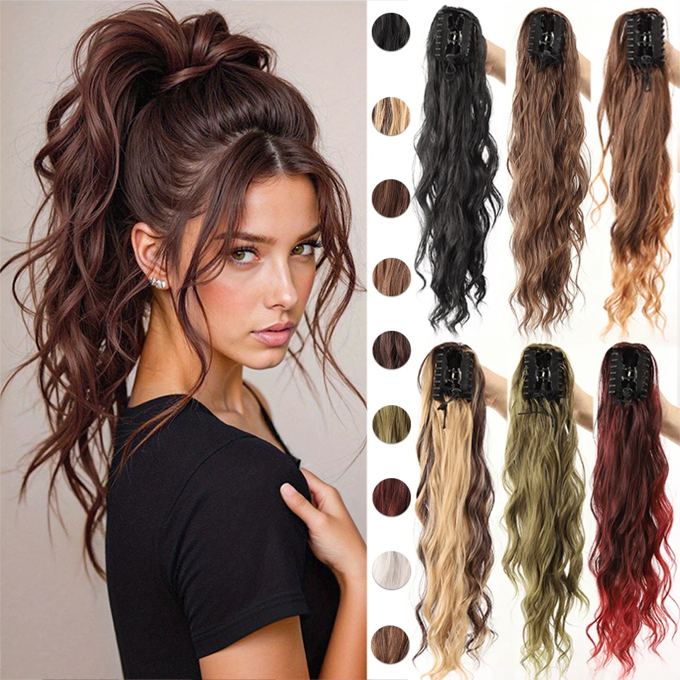 Synthetic 22 inch Clip on Water Ripple Long Curly Hair Ponytail Wig Suitable for Women's Daily Party Wear