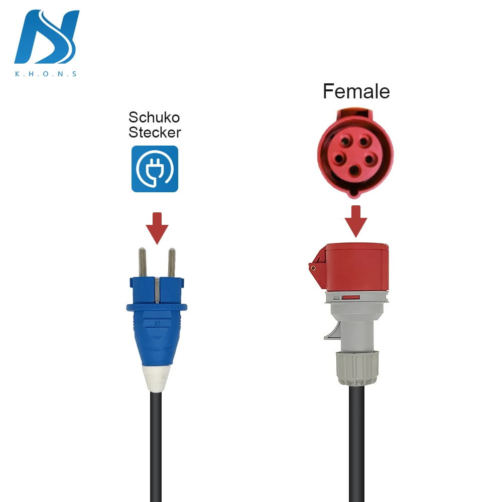 Khons EV Portable Charger Schuko Plug To CEE Red Power Female Plug Socket Adapter Blue CEE Connect With 32A 16A 3Phase 22KW 11KW